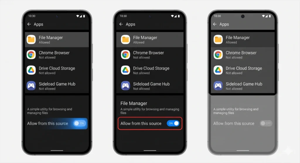 Install Unknown Apps permission page for a file manager app on Android