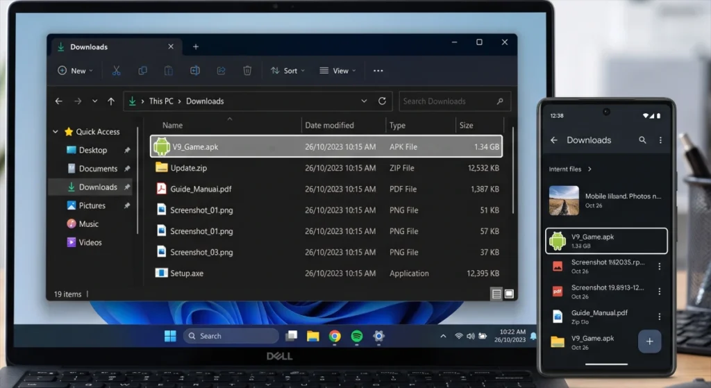Downloads folder showing the V9 Game APK file